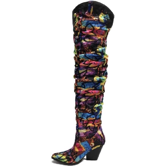 Women Black Multicolor Fabric Thigh High Over Knee Pointed Toe Chunky Heel Boot - Picture 1 of 4
